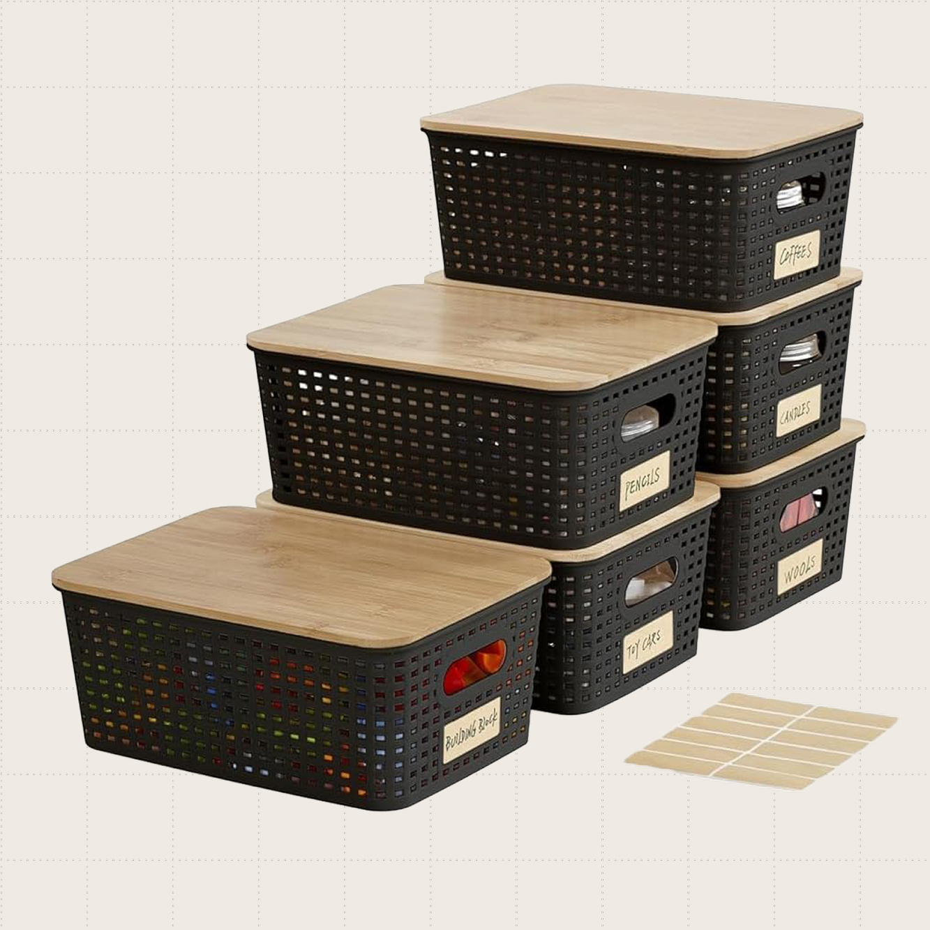Bagnizer Small Plastic Storage Bins With Bamboo Lids, Six-Pack