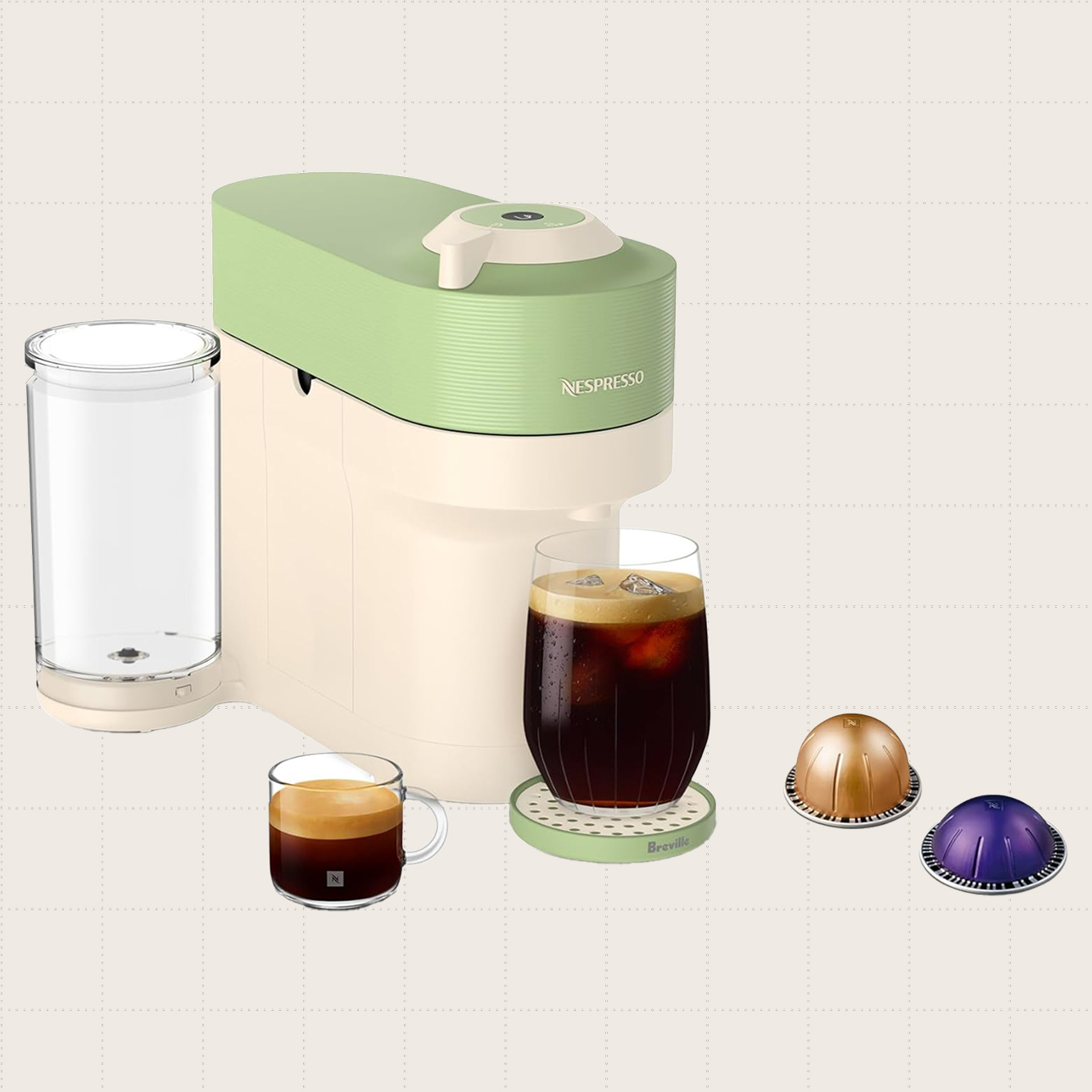 Nespresso Vertuo Pop+ in pistachio green and beige.