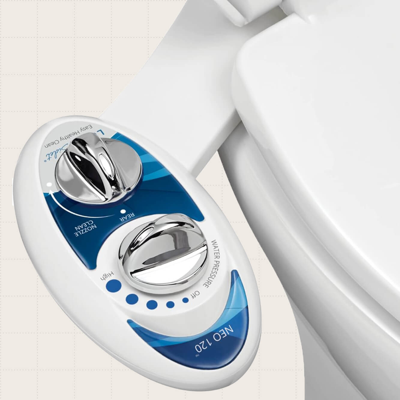 LUXE Bidet NEO 120 with blue and silver control knobs on the side of a toilet.