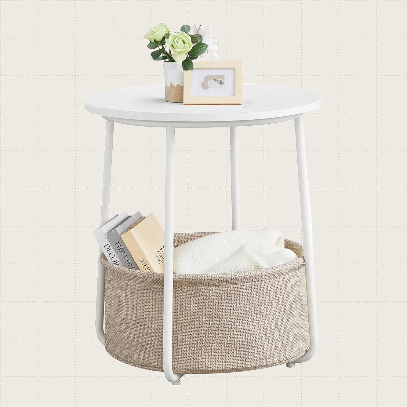 Vasagle Small Round Side Table; the table has a white finish and there's a fabric beige basket underneath the tabletop for additional storage.