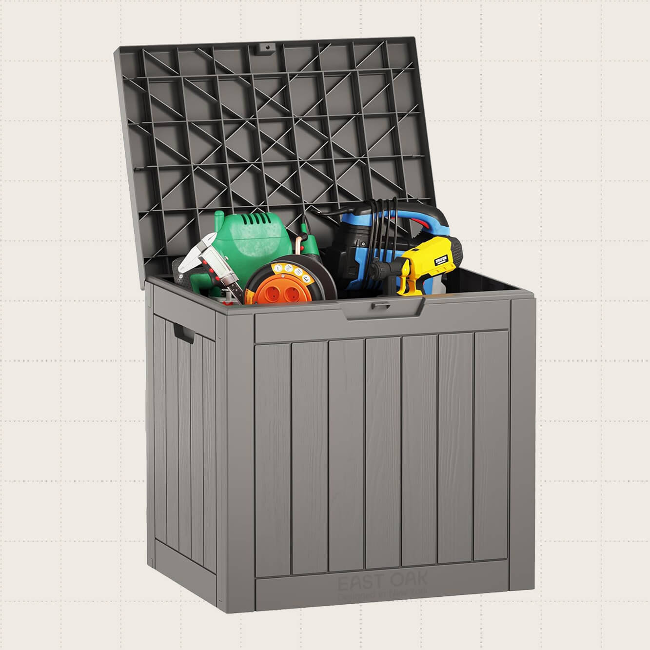 EAST OAK Outdoor Storage Box, 31 Gallons shown in gray.