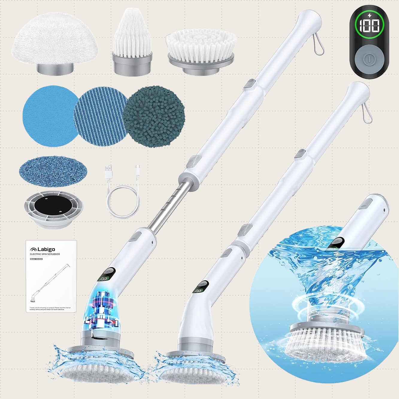 LABIGO Electric Spin Scrubber shown with included accessories.