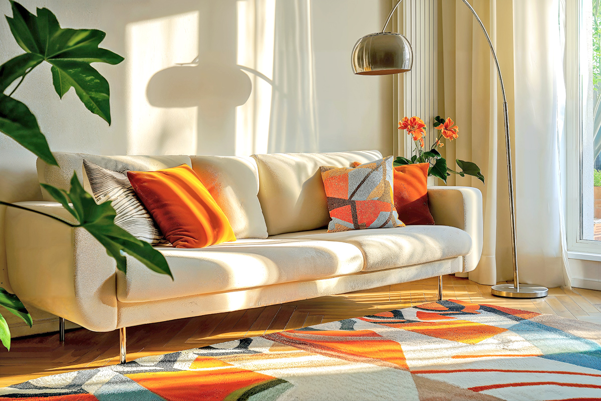 A brightly colored, patterned rug in a living room where the colors are reflected in the throw pillows, sofa, and flowers.