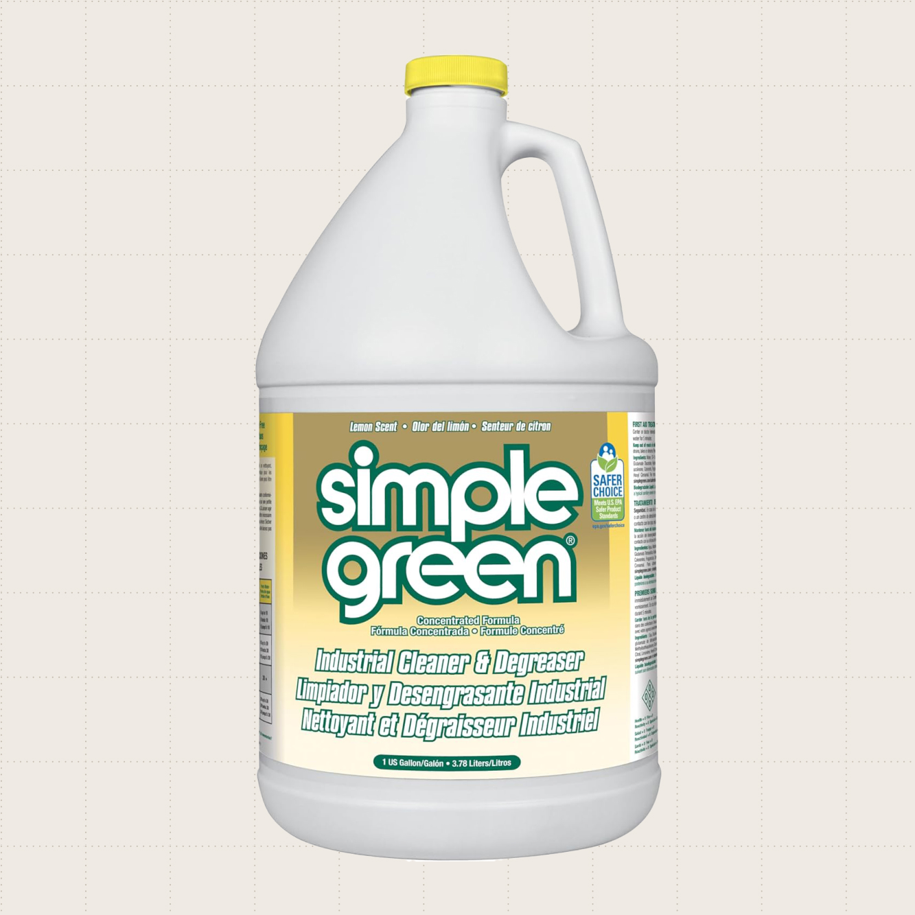 A 1-gallon jug of Simple Green Industrial Cleaner and Degreaser against a beige background.