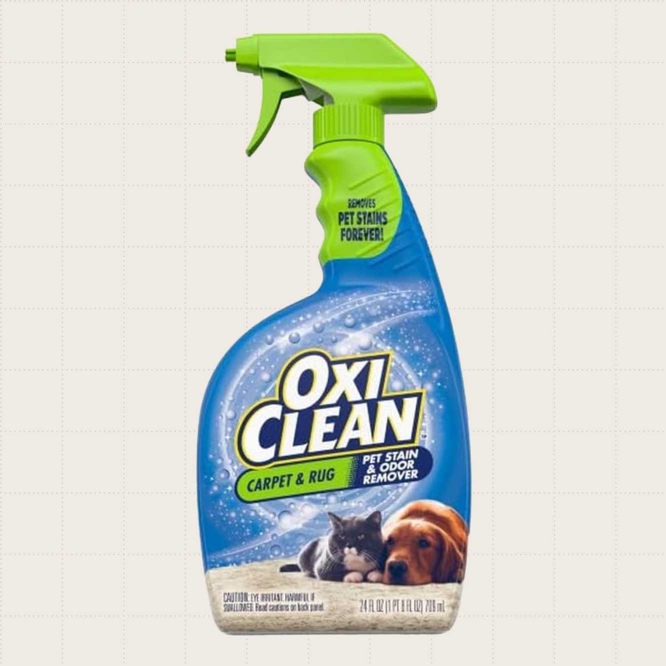A 24-ounce spray bottle of OxiClean Carpet Pet Stain Remover against a beige background.