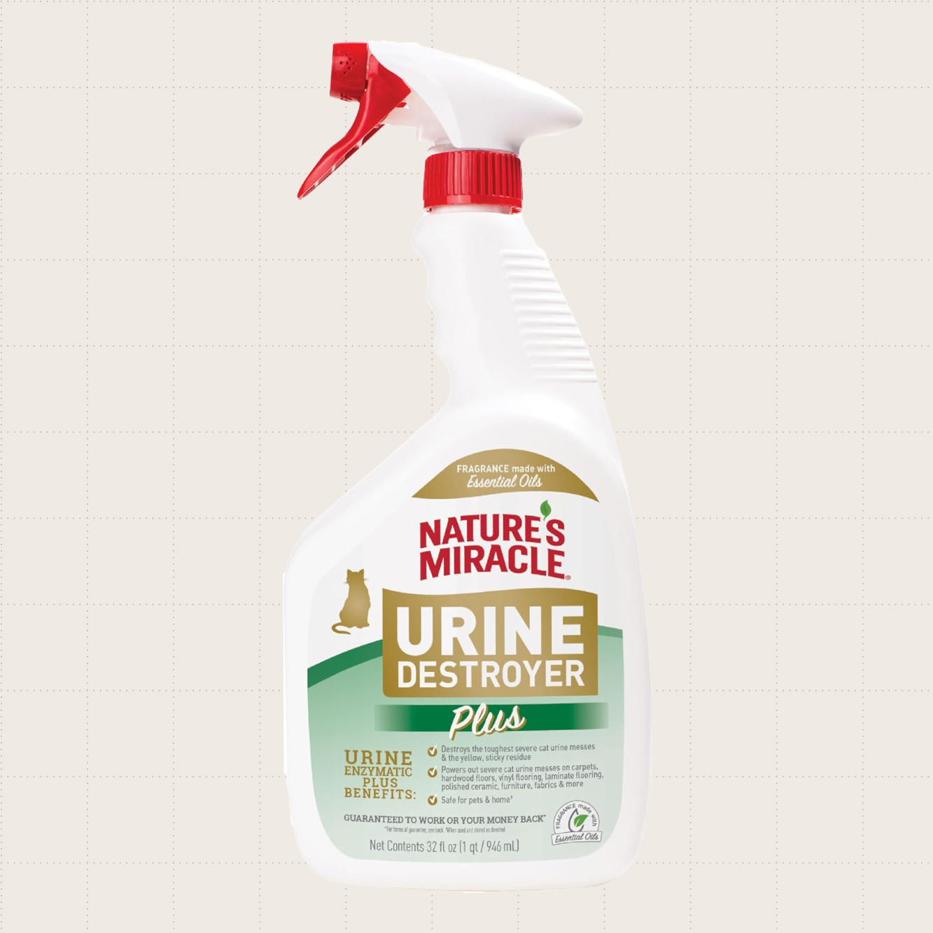A 32-ounce spray bottle of Nature's Miracle Urine Destroyer Plus against a beige background.