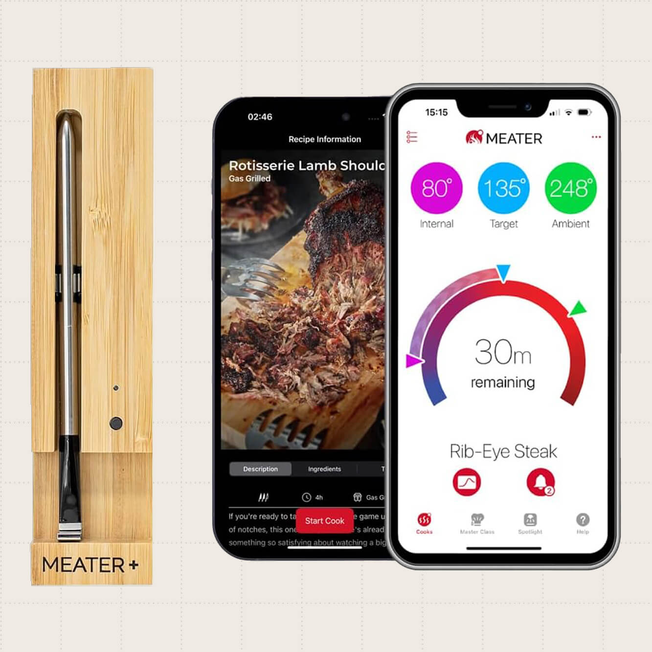 The MEATER Plus: Smart Bluetooth Wireless Meat Thermometer. The wireless meat thermometer stays in the meat during cooking and alerts you via app when it's reached the desired temperature.