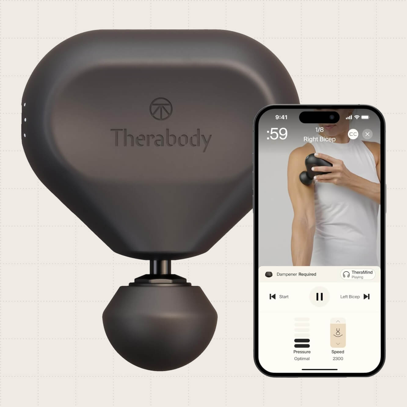 TheraGun Therabody Mini shown in black alongside the app you can use to personalize user experience.