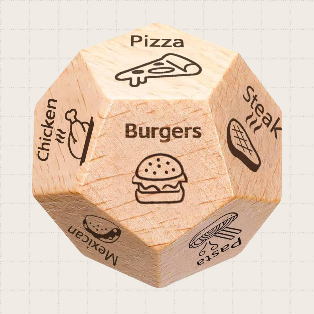 What’s For Dinner Dice; a wooden die with several sides featuring images with corresponding words such as pizza, chicken, steak, and pasta.