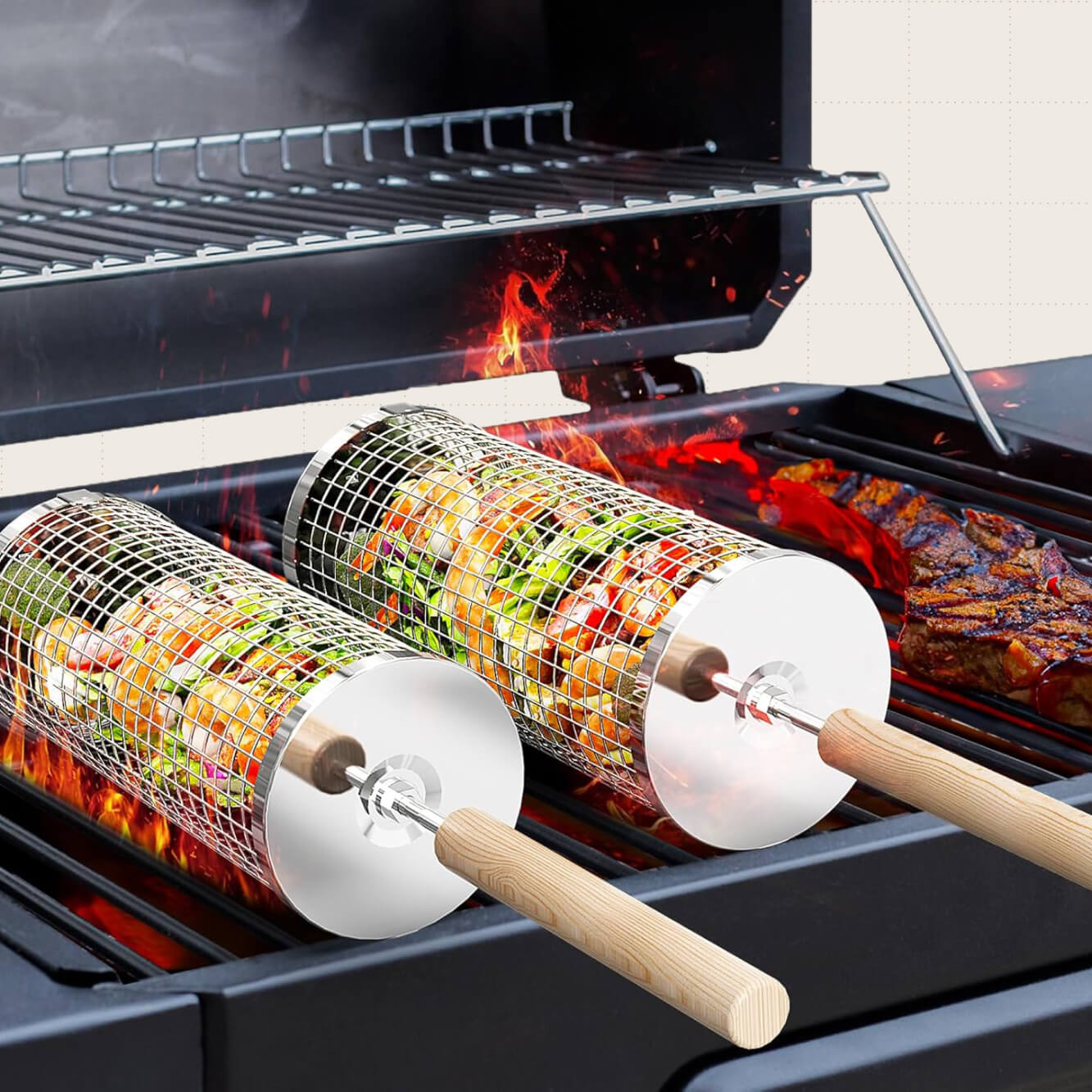 Two cylindrical wire baskets with wooden handles on a grill. Inside the baskets are chopped veggies.
