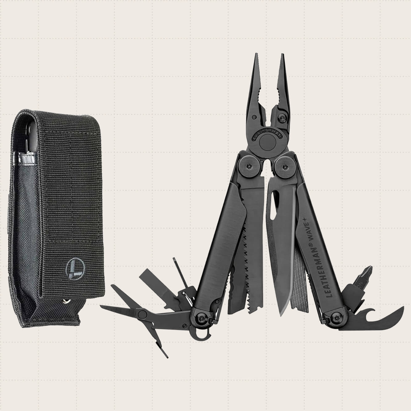 The LEATHERMAN Wave+, an 18-in-1, full-size multi-tool shown with its case.