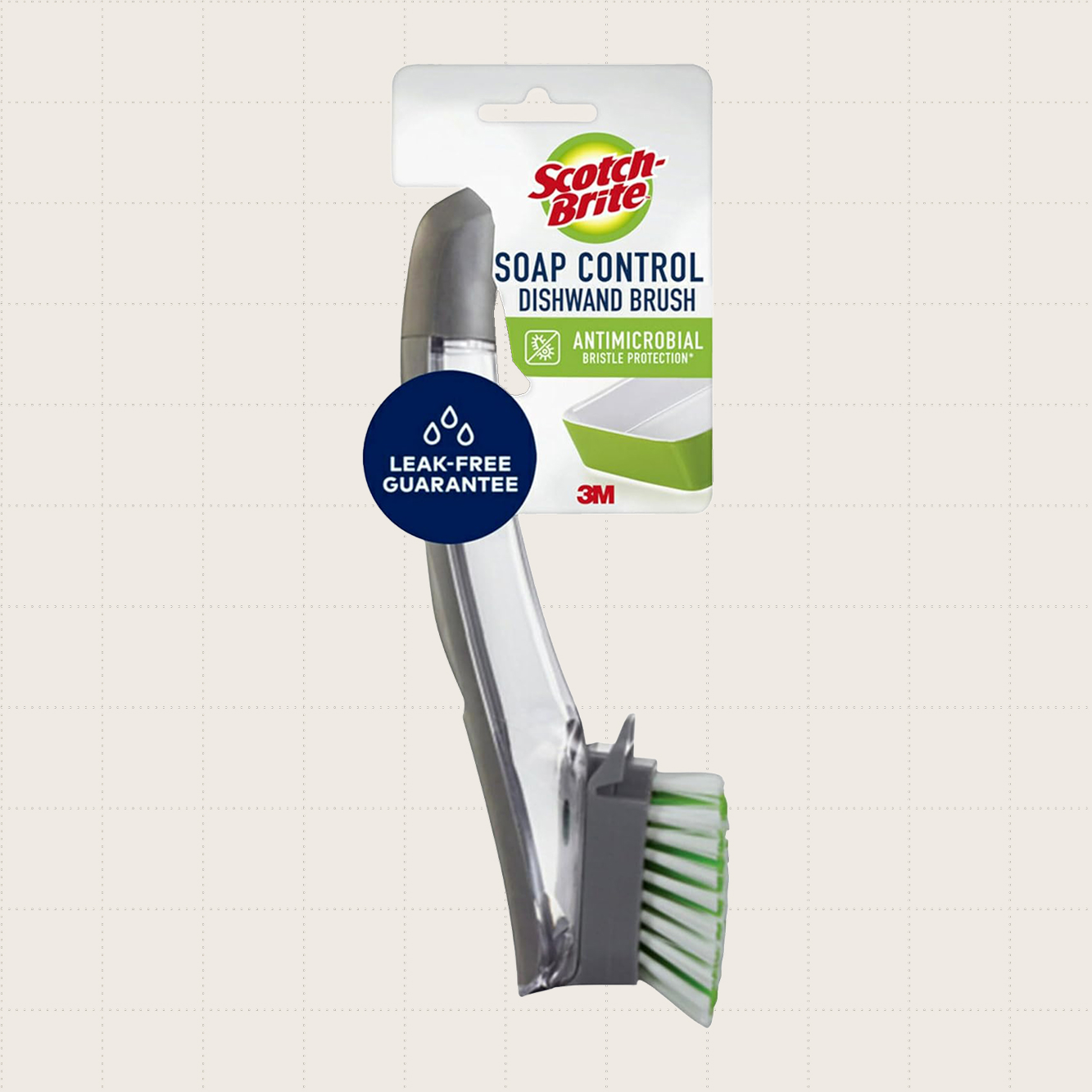 The Scotch-Brite Advanced Soap Control Dish Brush Scrubber, which has a reservoir for soap and a button on the handle for dispensing it.
