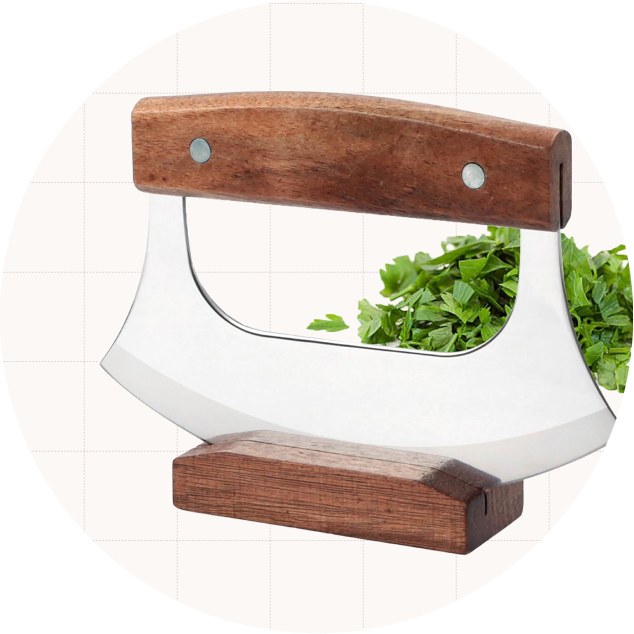 The KAYCROWN Ulu Knife, which has a wooden handle and a rocker blade. It comes with a wooden stand to keep the blade protected.