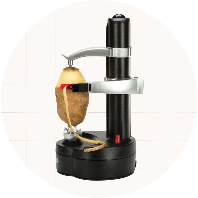 The Starfrit Rotato Express Electric Peeler, which turns the potato as a blade works it way down it, removing the peel in long, thin strips.
