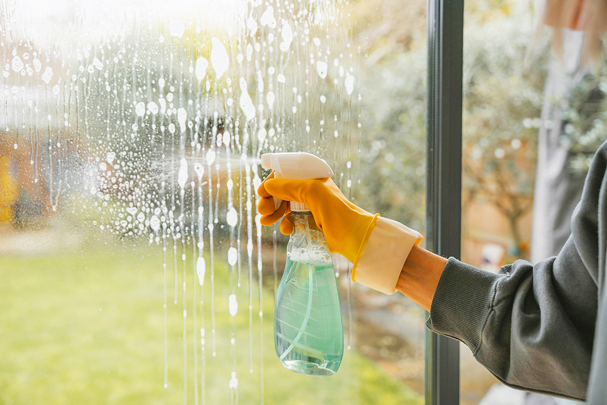 Anonymous person wearing cleaning gloves spraying a window with cleaning solution from an unbranded spray bottle.
