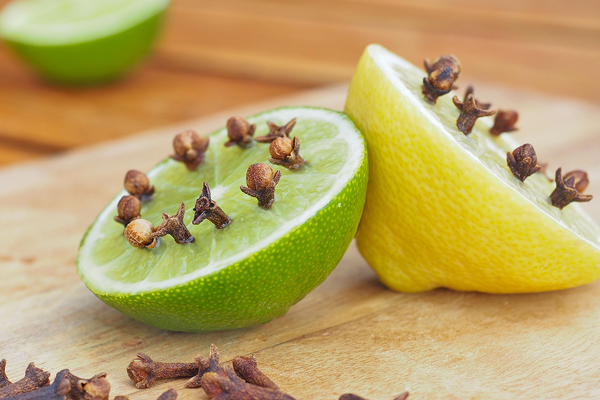 Half of a lime and half of a lemon with cloves sticking out of the flesh.