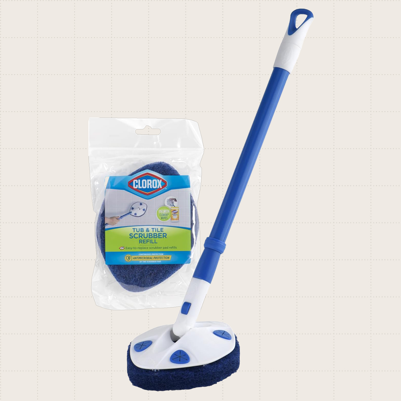 The Clorox Extendable Tub and Tile Scrubber with an elongated handle and an included scrubbing pad.
