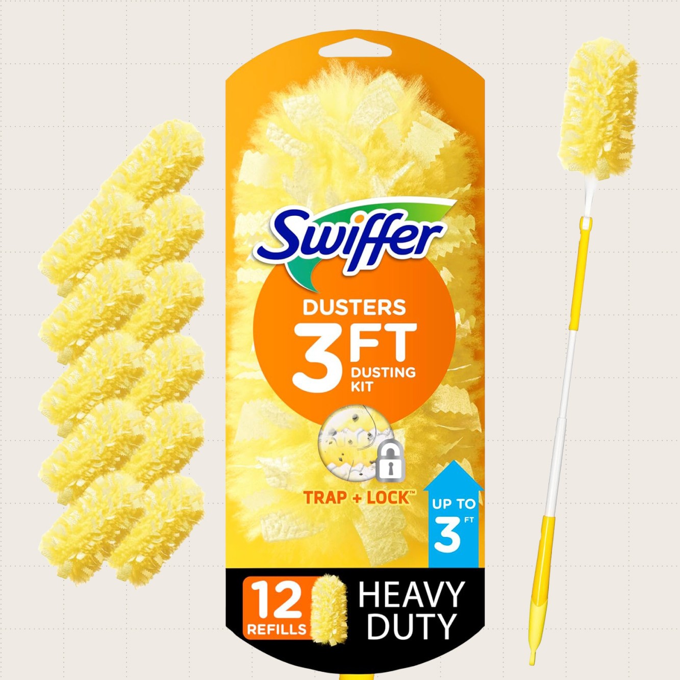 The Swiffer Duster Heavy Duty Dusting Kit with a 3-foot extendable handle and 12 duster refills.