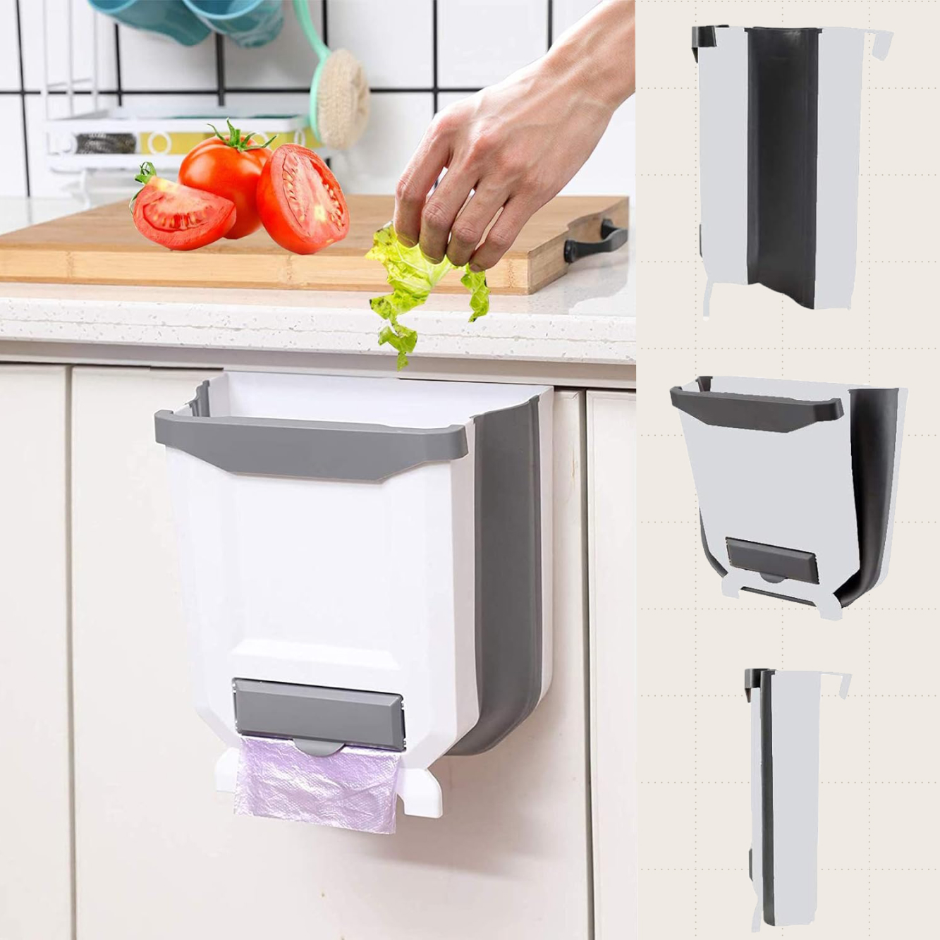 The YCOCO Hanging Kitchen Trash Can, which hangs over the door of a cabinet.