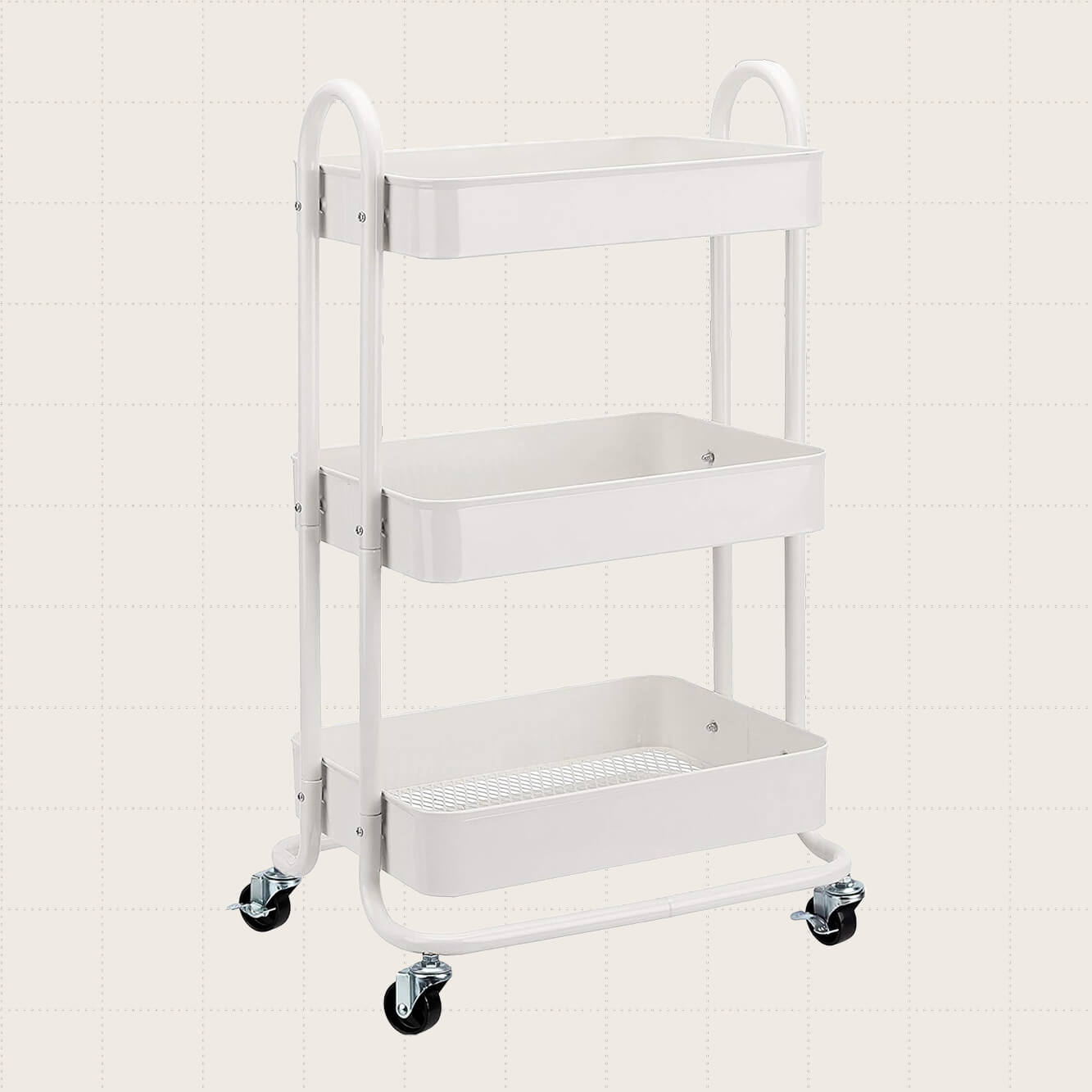 Amazon Basics 3-Tier Rolling Cart in white.