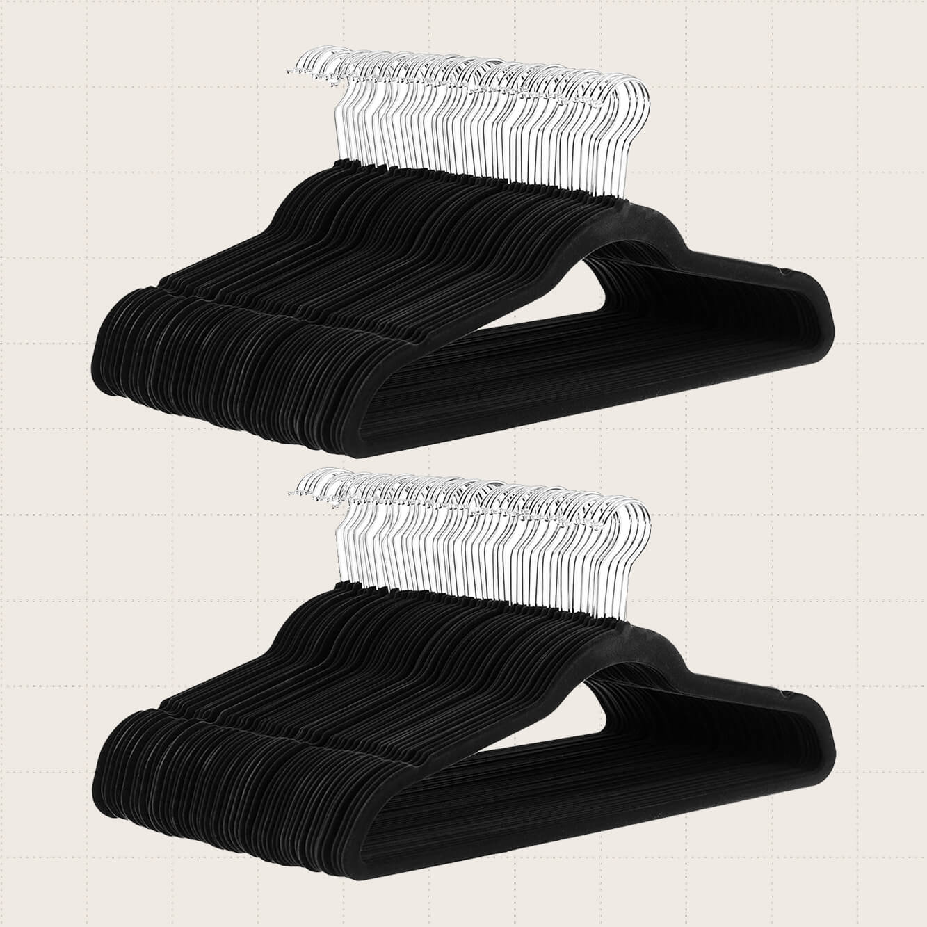 Amazon Basics Slim Velvet Hangers, 100-Pack shown in black.