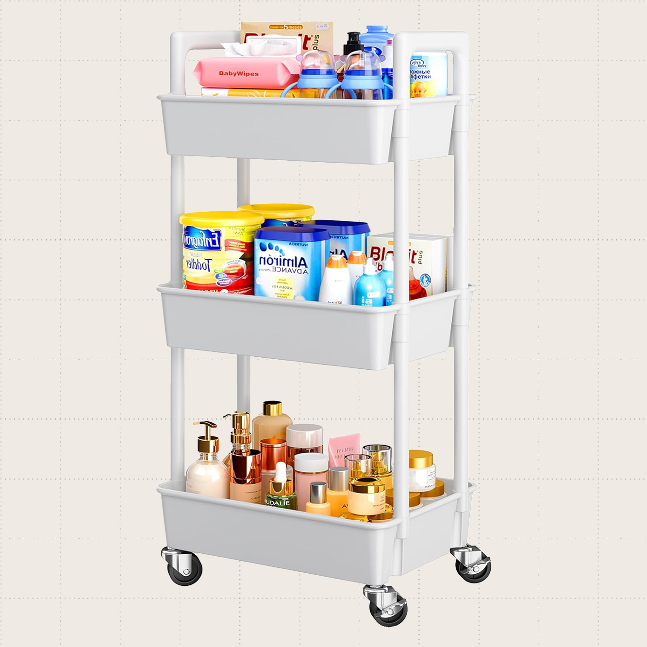 The Pipishell Three-Tier Rolling Cart Organizer, shown in white with black caster wheels.