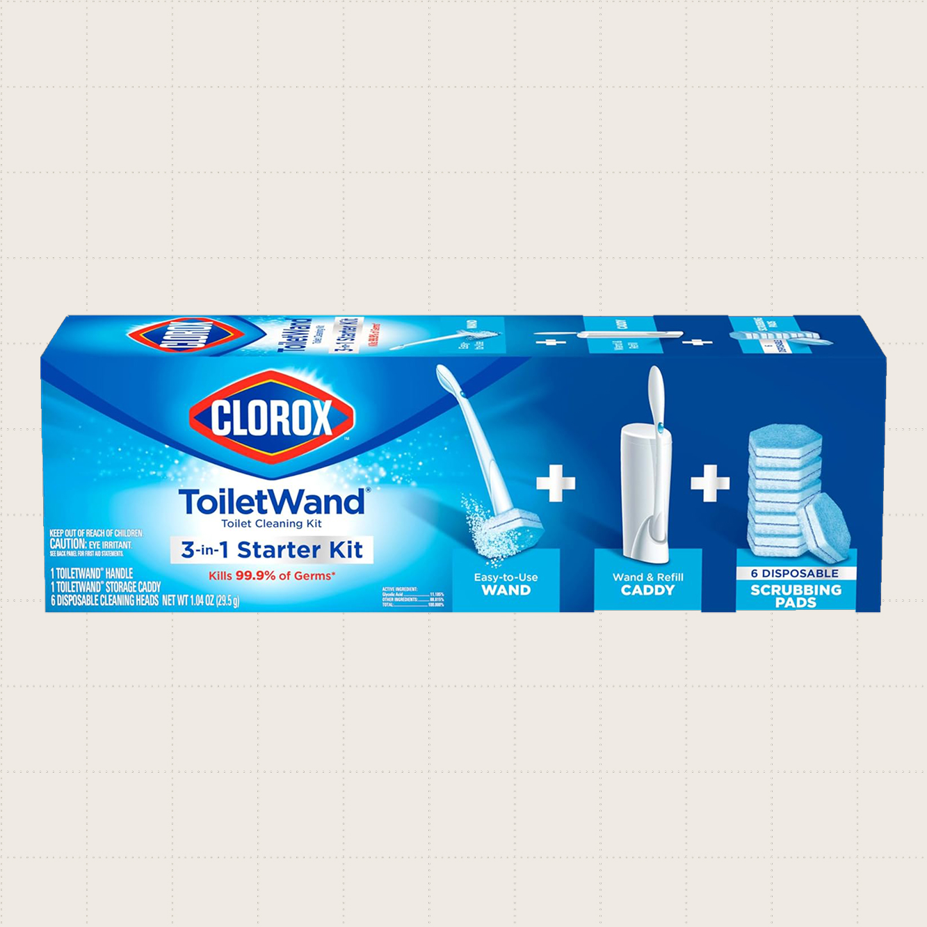 The Clorox Toilet Wand Cleaning Kit, which includes a handle, caddy, and six refills.