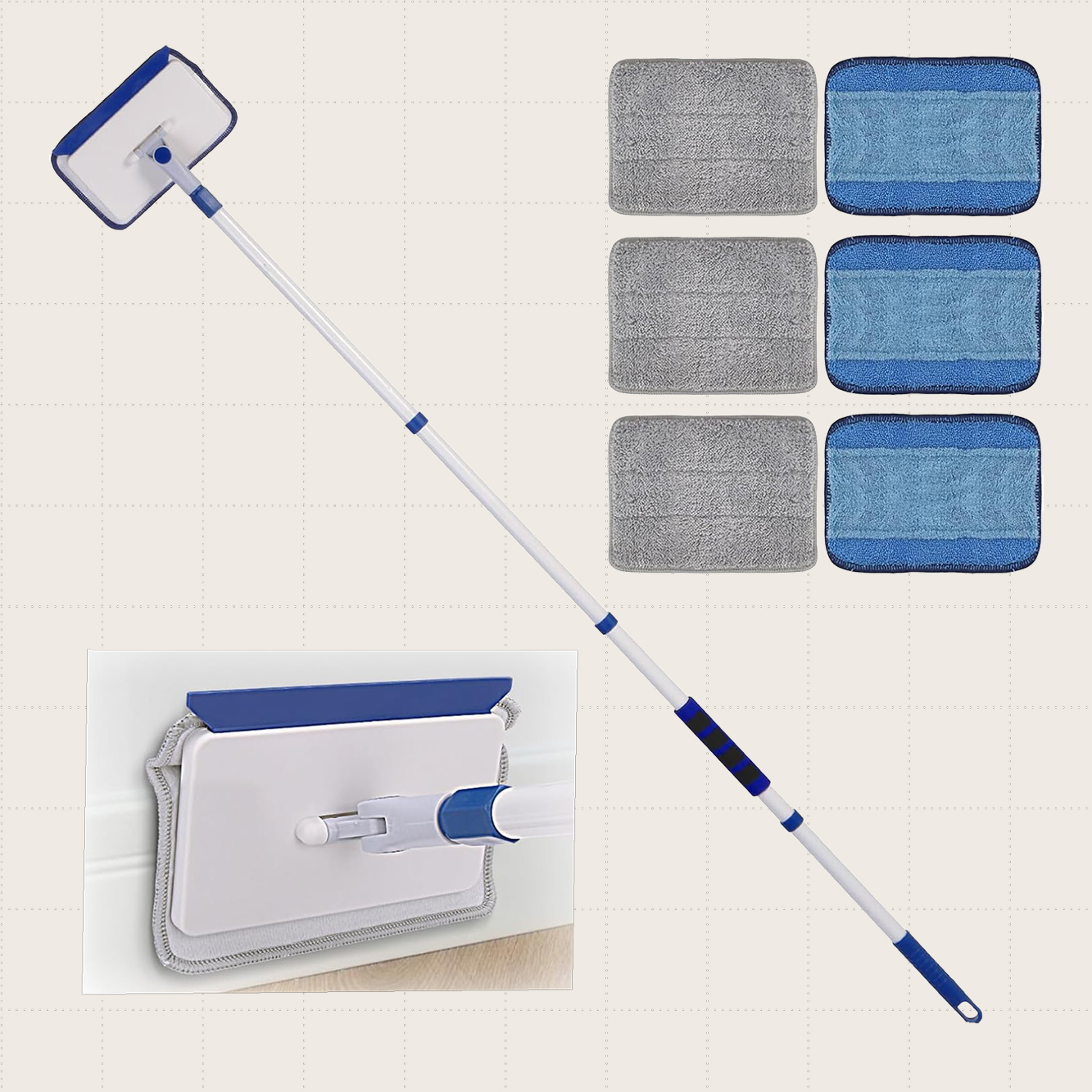 The Qaestfy Baseboard Cleaner Tool. The mop head has a precise edge for cleaning the contours of baseboards. Six reusable cleaning pads are included.