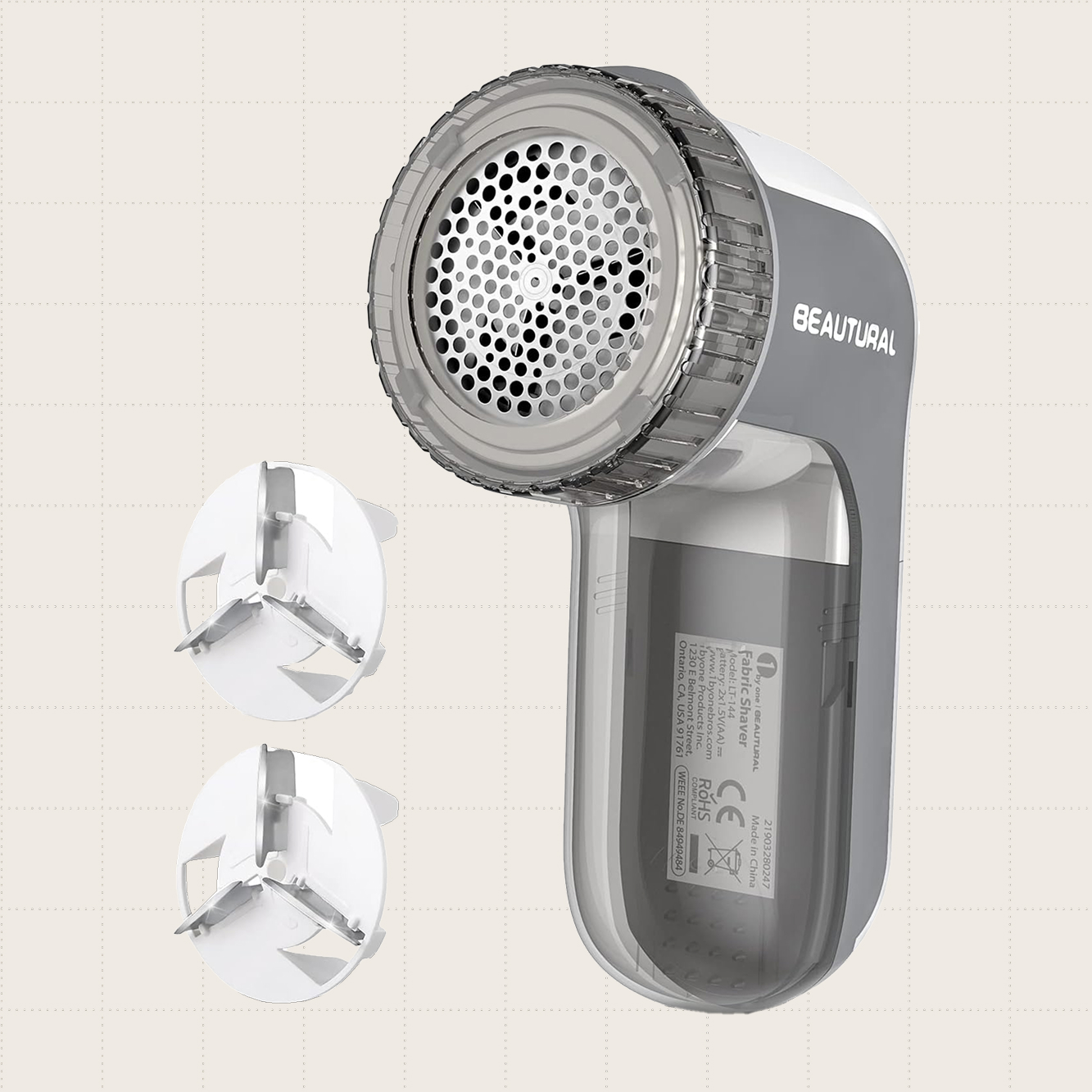 The Beautural Fabric Shaver shown with two of the adjustable shaving heights.