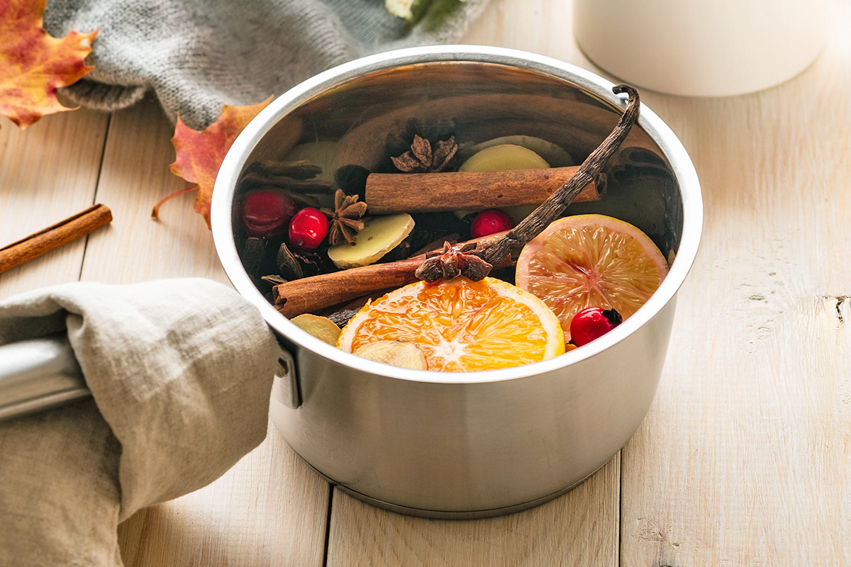 Simmer pot ingredients in a stainless steel sauce pan before water is added. These include citrus, cinnamon, cloves, and cranberries.