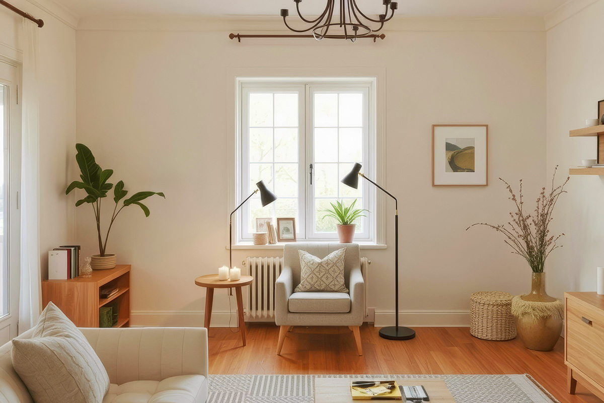 An armchair in front of a window with a lamp on either side of it and decor scattered throughout the room.