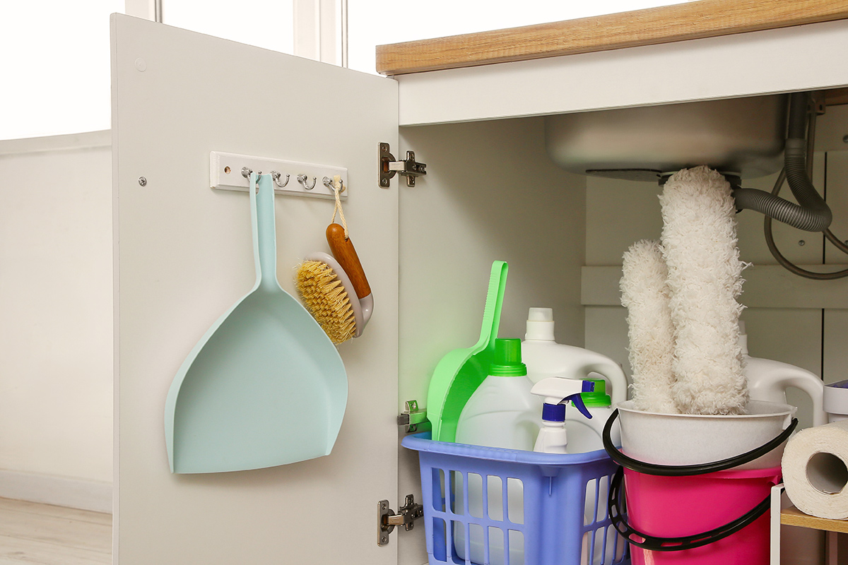 A cabinet under a sink with the door open revealing hooks on the back of the door with cleaning tools stored on it.
