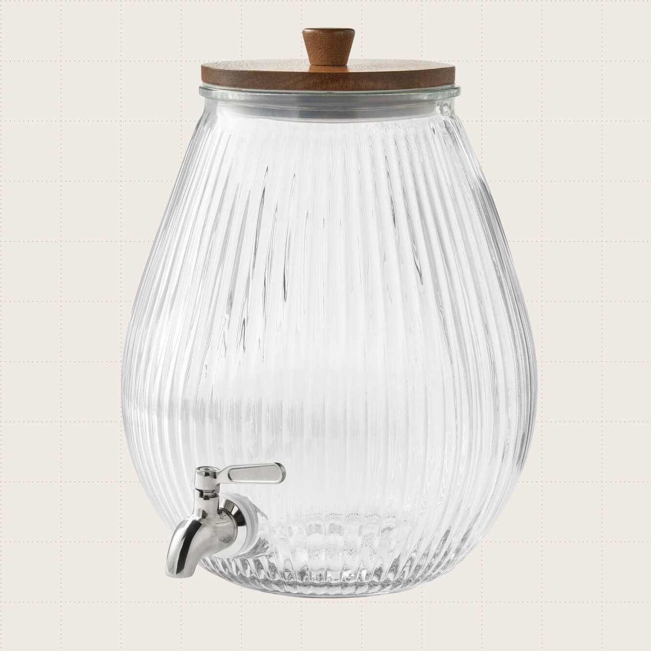 The Pioneer Woman Ribbed Glass 2-Gallon Beverage Dispenser With Wood Lid.