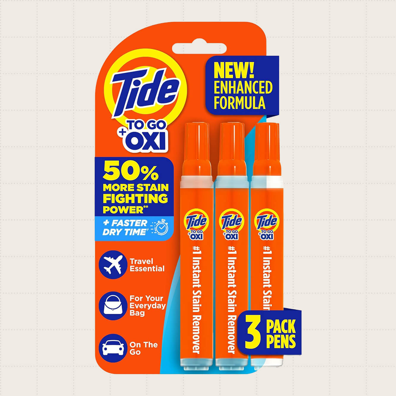 A three-pack of Tide To Go pens plus Oxi for more stain fighting power.