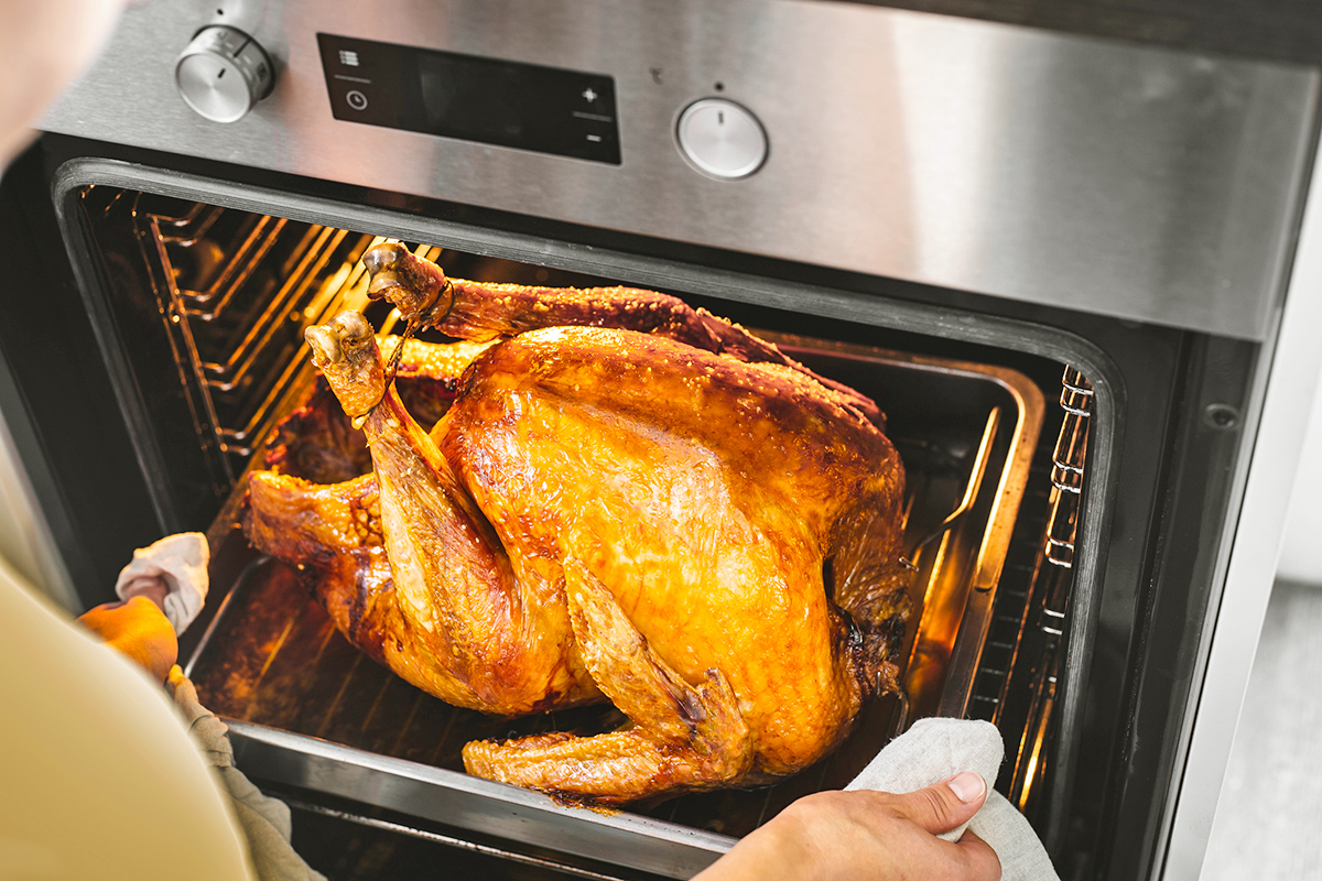 A perfectly roasted Thanksgiving turkey in an open oven.