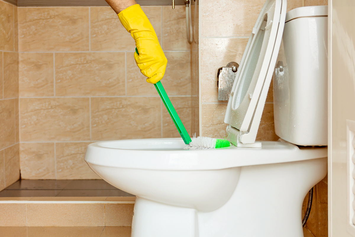 Anonymous person wearing cleaning gloves using a toilet brush to clean a toilet bowl.